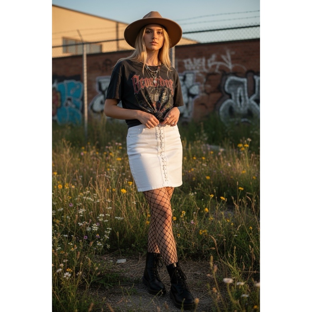 GUESS White Denim Lace Up Corset Mini Skirt Boho Grunge Fairy High Waist Y2K$89